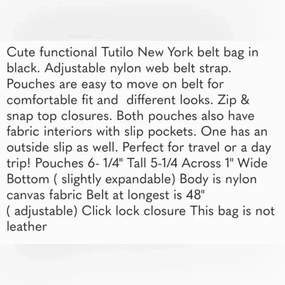 Tutilo New York crossbody adjustable belt bag, black bag, NWT, 2 big pockets - Picture 2 of 10